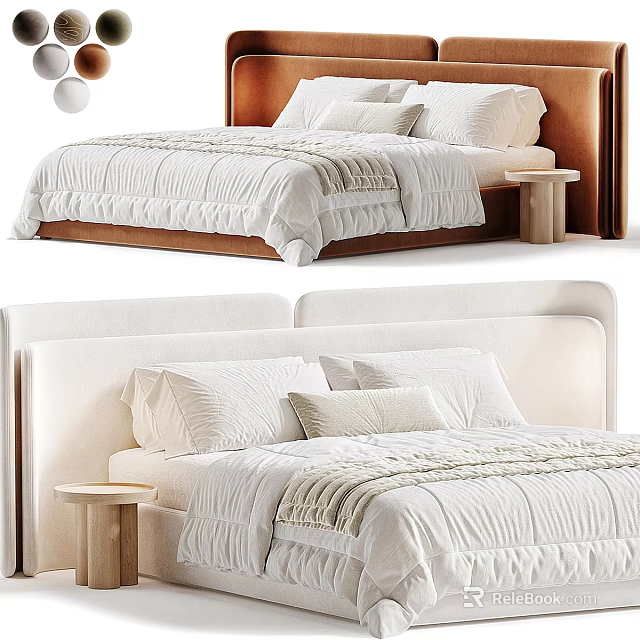 Modern Double Bed With White Bedding Wooden Upholstered Headboard And Side Nightstand 3d model 