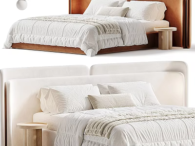 Modern Double Bed With White Bedding Wooden Upholstered Headboard And Side Nightstand 3d model