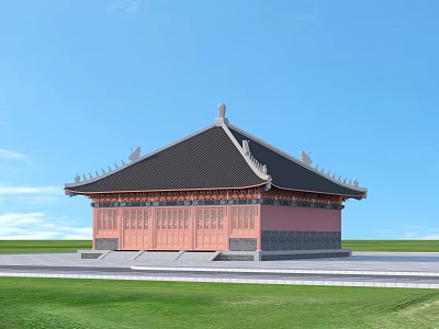 Ancient Architecture With Classic Roof Overhanging Eaves Red Walls Against Blue Sky Green Grass 3d model