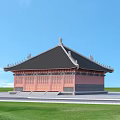 Ancient Architecture With Classic Roof Overhanging Eaves Red Walls Against Blue Sky Green Grass