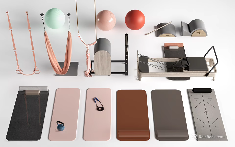 Essential Fitness Equipment Collection Featuring Suspension Trainer Exercise Balls Yoga Blocks And Pilates Reformer 3d model 