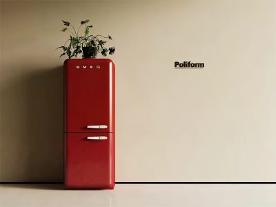 Red Stylish Upright Refrigerator with Small Potted Plant on Top Against Beige Wall 3d model