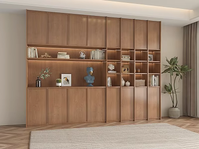 Wooden Bookcase with Built-in Lighting Open Shelves Books and Decorative Items in Modern Interior 3d model