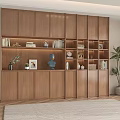 Wooden Bookcase with Built-in Lighting Open Shelves Books and Decorative Items in Modern Interior