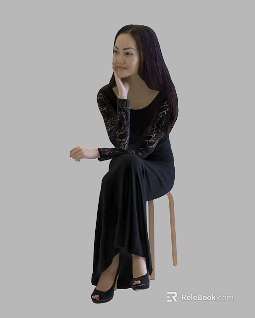 Elegant Woman With Long Hair Sitting On Wooden Stool In Black Dress With Lace Sleeves 3d model 