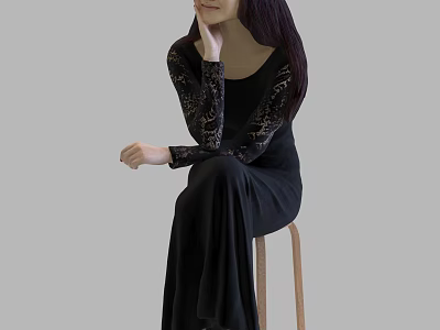 Elegant Woman With Long Hair Sitting On Wooden Stool In Black Dress With Lace Sleeves 3d model
