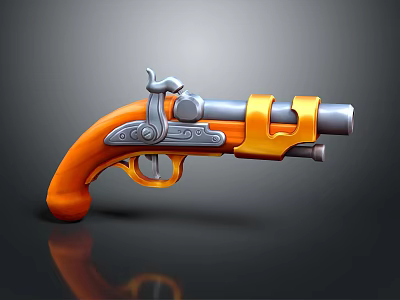 Orange Grip Vintage Pistol with Metal Barrel and Classic Firearm Design 3d model