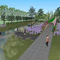 Scenic Landscape Bridge with Tall Trees Lush Grassland Water Area and Pedestrian Pathway