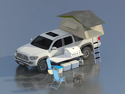 White Pickup Truck With Camper Tent Ladder Folding Chair Fire Pit And Camping Gear 3d model
