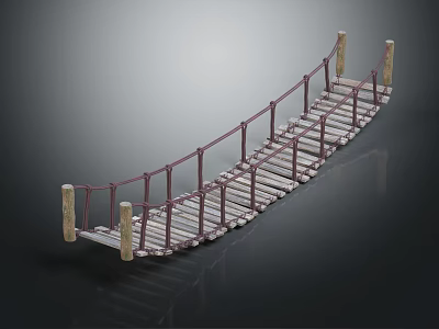 Rustic Suspension Bridge Structure With Wooden Planks Rope Railings And Posts 3d model
