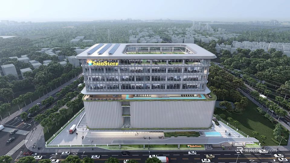 Modern Sustainable Office Building Design With Glass Curtain Wall And Rooftop Solar Panels 3d model 