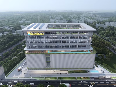 Modern Sustainable Office Building Design With Glass Curtain Wall And Rooftop Solar Panels 3d model