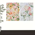 Colorful Floral Paintings On Wall With Green Plant And White Shelf
