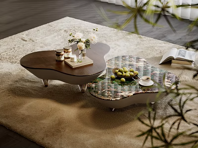 Modern Coffee Tables Set Wooden And Patterned With Fruits Books Flower Vase On Beige Rug 3d model