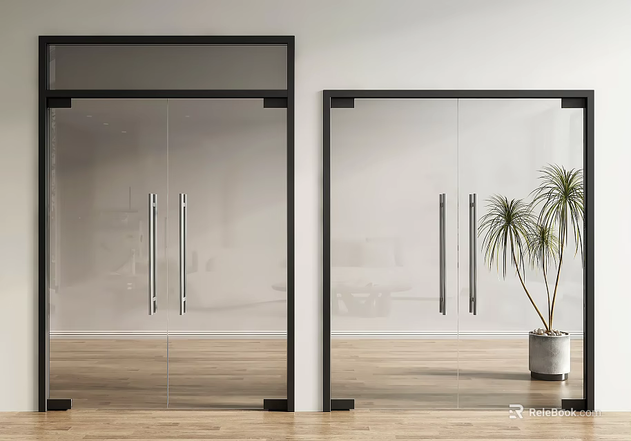 Modern Glass Doors With Black Frames And Potted Plant In Interior Space 3d model 