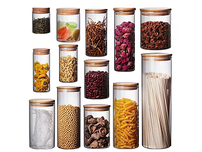 Transparent Glass Spice Jars With Wooden Lids For Storing Various Ingredients Neatly Arranged 3d model