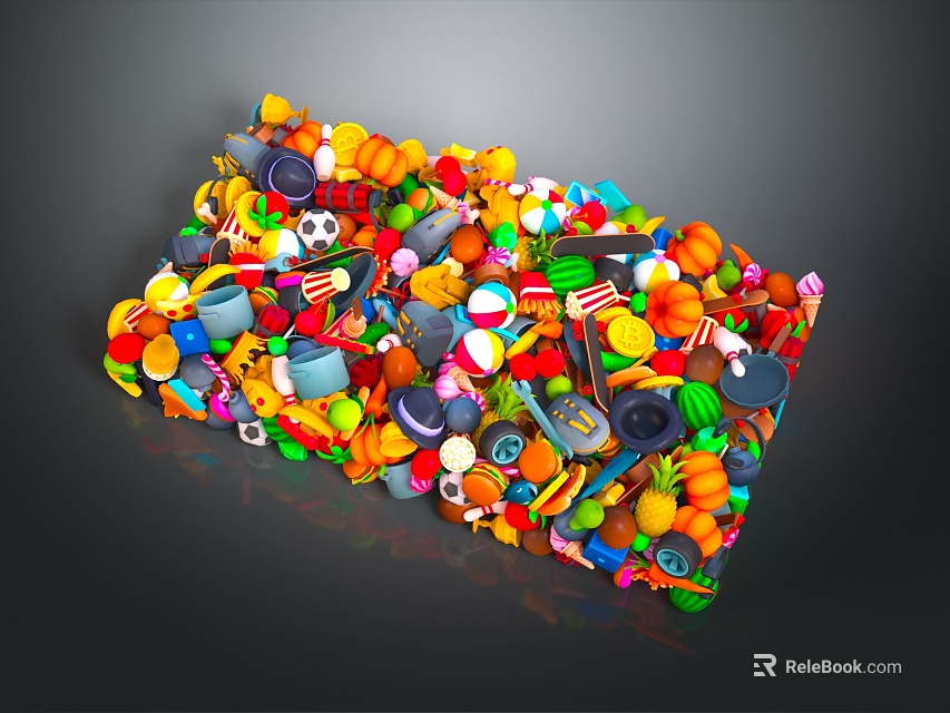 Pile of Colorful Assorted Food Including Fruits Vegetables And Drinks 3d model 