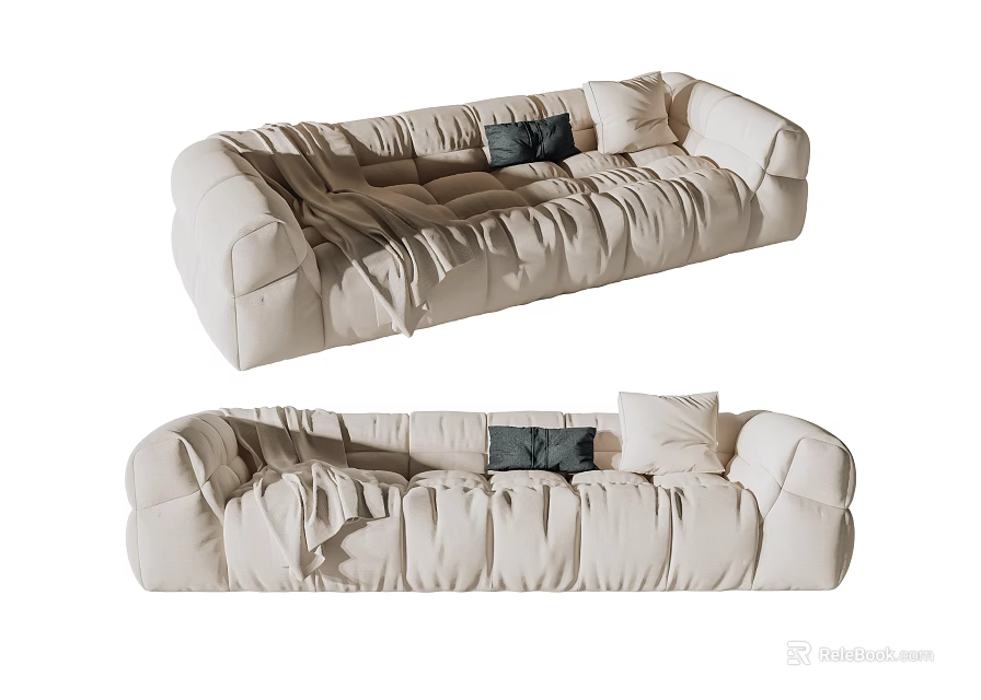 Beige Multi Seat Sofa With Wrinkled Design And Soft Gray Cushions 3d model