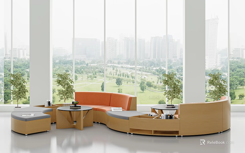 Modern Comfortable Leisure Sofa Set With Orange Seats Wooden Tables And Green Plants 3d model 