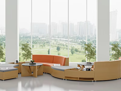 Modern Comfortable Leisure Sofa Set With Orange Seats Wooden Tables And Green Plants 3d model