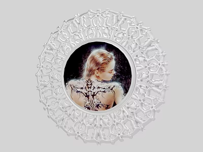 Intricate Filigree Round Photo Frame Featuring Woman's Back Portrait with Blonde Hair and Ornate Tattoo 3d model