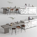 Modern Dining Table Set With Marble Island Counter And Bar Stools 3d model
