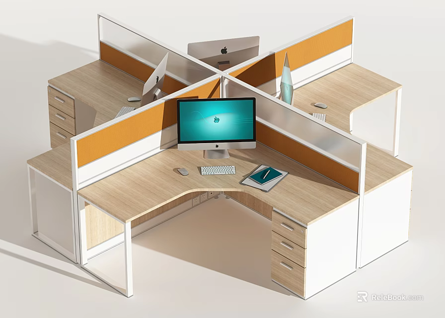 Modern Hexagonal Office Workstations With Wooden Desktops Orange Partitions White Frames And Computer Monitors 3d model
