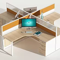 Modern Hexagonal Office Workstations With Wooden Desktops Orange Partitions White Frames And Computer Monitors 3d model