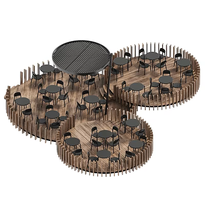 Outdoor Round Tables with Black Chairs in Wooden Fenced Outdoor Dining Area 3d model