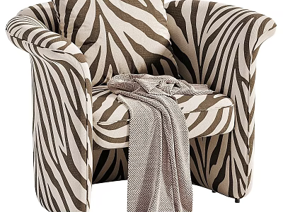 Stylish Single Sofa With Zebra Pattern Brown And White Upholstery And Gray Blanket 3d model