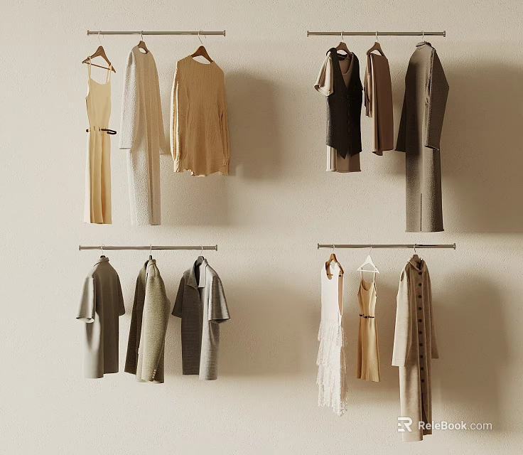 Stylish Clothes Displayed On Wall Mounted Racks 3d model