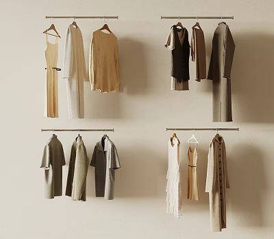 Stylish Clothes Displayed On Wall Mounted Racks 3d model