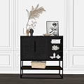 Modern Sideboard Cabinet with Perforated Doors Decorative Vases Artwork and Woven Basket