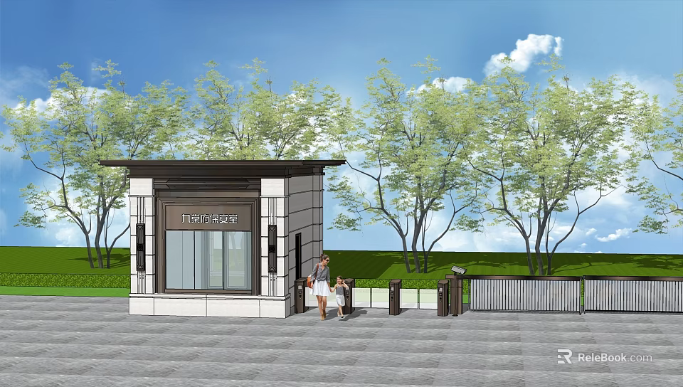 THINKAGE Entrance Building With Green Trees Lawn And People On Stone Pavement 3d model 