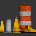 Traffic Safety Equipment Display With Red White Striped Barrier Yellow Cones And Silver Bollard