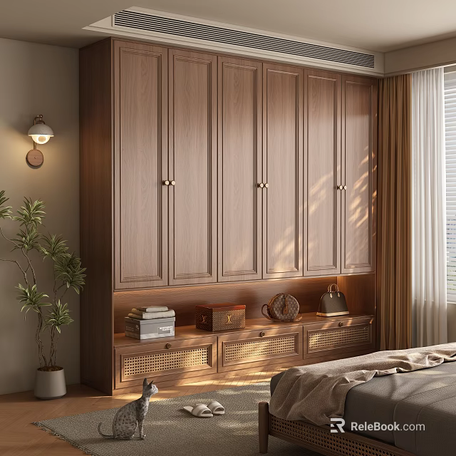 Wooden Wardrobe Interior in Bedroom with Minimalist Design Drawers Natural Light and Green Plant 3d model 