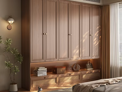 Wooden Wardrobe Interior in Bedroom with Minimalist Design Drawers Natural Light and Green Plant 3d model