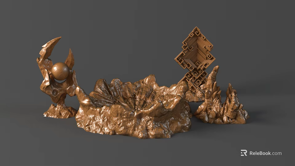 Bronze Sculptures with Abstract Shapes Sphere Lotus Base and Geometric Design Elements 3d model 