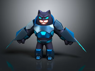 Game Movie Cat Warrior Character With Blue Black Armor And Glowing Swords 3d model