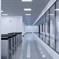 Spacious Modern Clean Interior With White Walls Smooth Flooring Linear Ceiling Lights And Red Doors