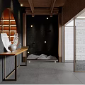 Traditional Tea House Interior With Wooden Shelves And Tea Sets