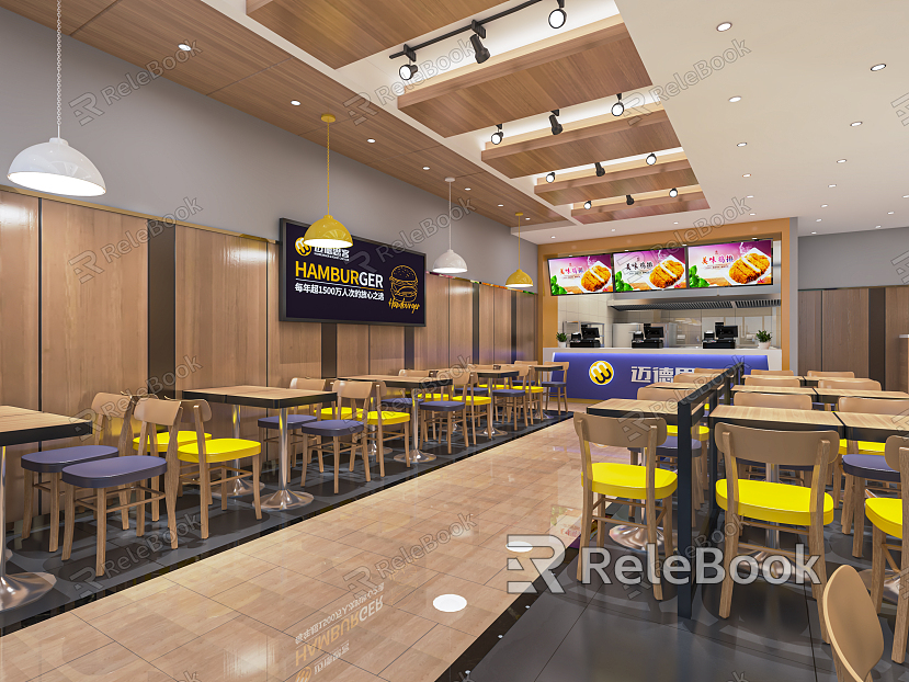 Modern Fast Food Restaurant, snack bar, restaurant, snack bar, fried chicken shop, hamburger shop, food card holder, dining table and chairs model