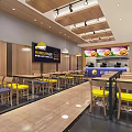 Modern Restaurant Interior With Wooden Walls Yellow Blue Chairs Dining Tables Counter And Menu Screens