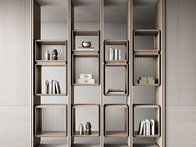Modern Wooden Bookcase With Open Shelves Multiple Compartments And Decorative Items 3d model