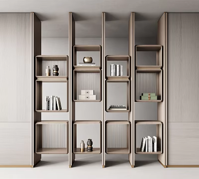 Modern Wooden Bookcase With Open Shelves Multiple Compartments And Decorative Items 3d model