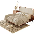 Double Bed with Upholstered Headboard Wooden Nightstands Table Lamps and Patterned Rug