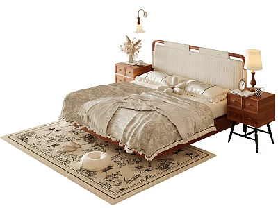 Double Bed with Upholstered Headboard Wooden Nightstands Table Lamps and Patterned Rug 3d model