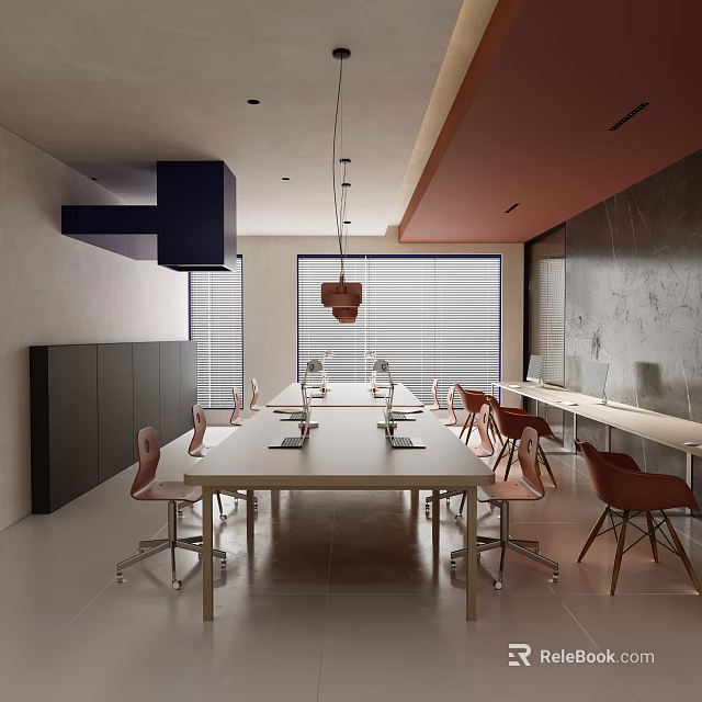 Public Office Space Modern Design With Long Table Red Chairs Large Windows And Hanging Lamp 3d model 
