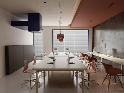 Public Office Space Modern Design With Long Table Red Chairs Large Windows And Hanging Lamp 3d model