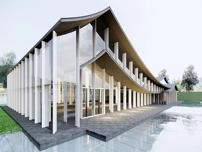Modern Sales Office with Curved Roof Glass Curtain Walls White Columns Lawn and Water Pool 3d model
